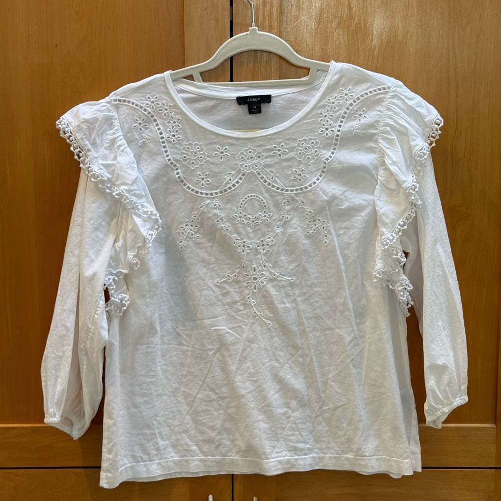 J.Crew White Embroidered Blouse Top Women's Size M Boho Summer